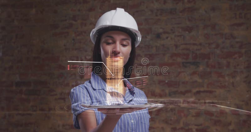 Obraz 3d interaktywnego modelu miasta obracającego się nad tabletem, który znajduje się w posiadaniu architekta kobiecego ilustracja wektor