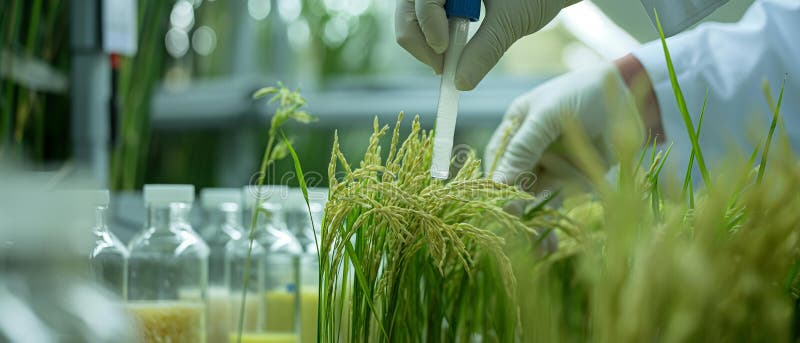 Obraz genetyczny ai generator naukowysekperiments with plant rice genetycznie zmodyfikowane uszy ryżowe. laboratoryjna rurka badaw ilustracji