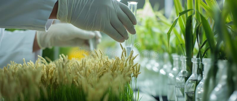 Obraz genetyczny ai generator naukowysekperiments with plant rice genetycznie zmodyfikowane uszy ryżowe. laboratoryjna rurka badaw royalty ilustracja