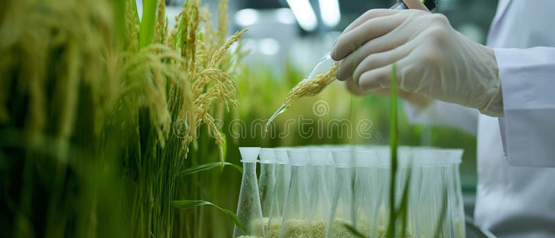 Obraz genetyczny ai generator naukowysekperiments with plant rice genetycznie zmodyfikowane uszy ryżowe. laboratoryjna rurka badaw ilustracja wektor