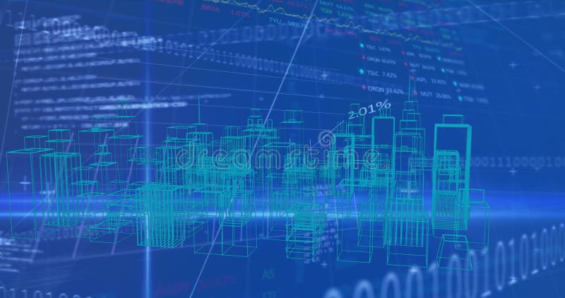 Obraz miasta cyfrowego nad przetwarzaniem danych na niebieskim tle. globalna technologia komputerowa i koncepcja interfejsu cyfrowego wygenerowana cyfrowo.