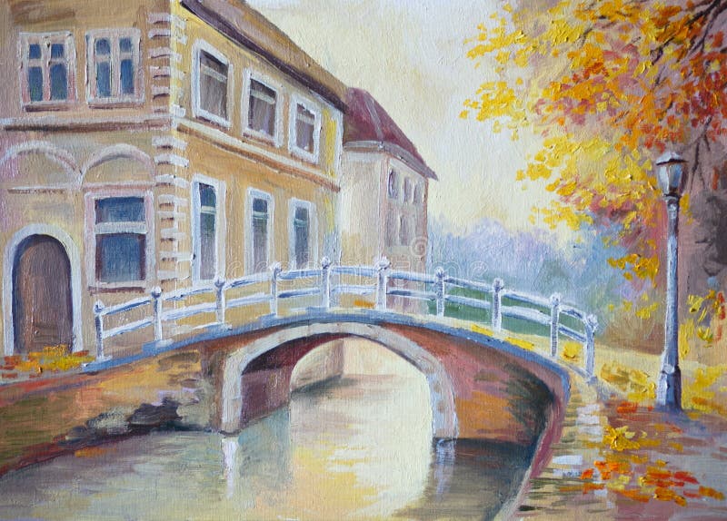 Obraz olejny na kanwie - most nad rzeką w starym Europa royalty ilustracja Obraz olejny na kanwie - most nad rzeką w starym Europa royalty ilustracja