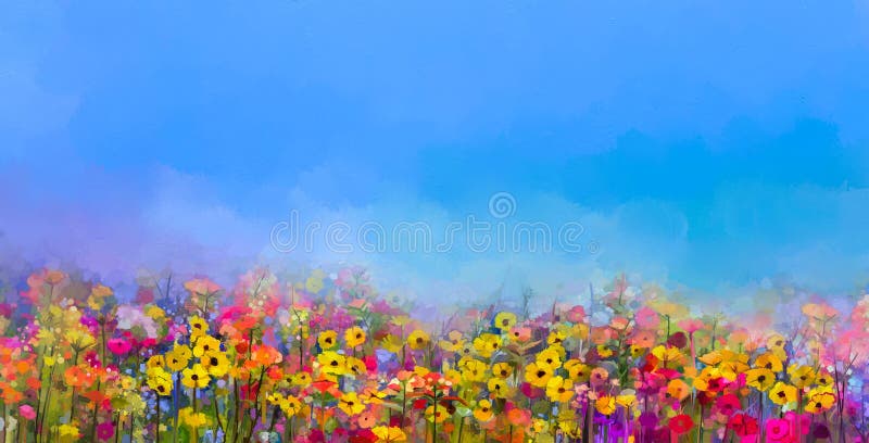 Obraz olejny wiosna kwiaty Chabrowy, stokrotka kwiat