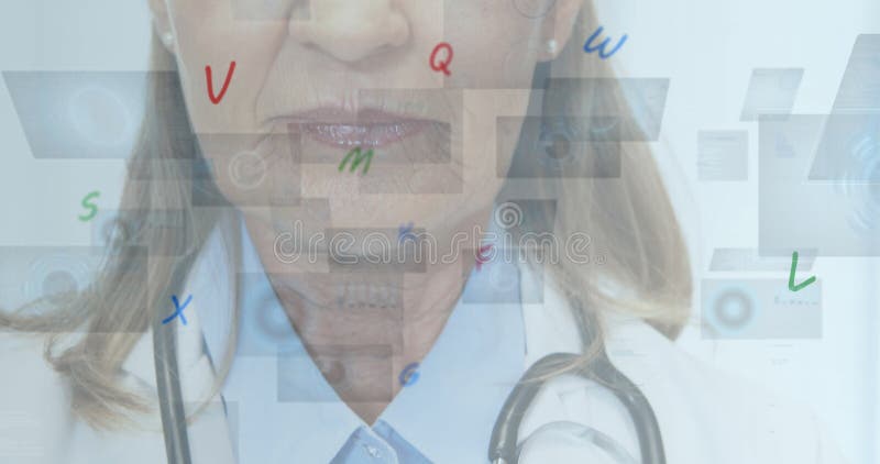 Obraz zmieniających się liter i ekranów z zakresami nad kobietą doktora stetoskopem fotografia stock