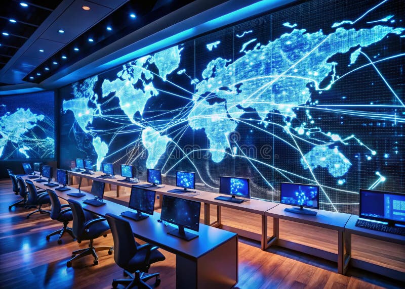 Obrona sieci na świecie Perspektywa lotnicza CuttingEdge Cyber Security Command Center. Ten widok z lotu ptaka przedstawia zaawansowaną infrastrukturę najnowszego centrum dowodzenia bezpieczeństwa cybernetycznego. Z tego punktu obserwacyjnego wyraźnie widać skomplikowaną sieć połączonych systemów i narzędzi monitorowania, podkreślając złożone działania związane z ochroną globalnych sieci przed zmieniającymi się zagrożeniami cybernetycznymi. Układ centrów poleceń podkreśla znaczenie analizy danych w czasie rzeczywistym