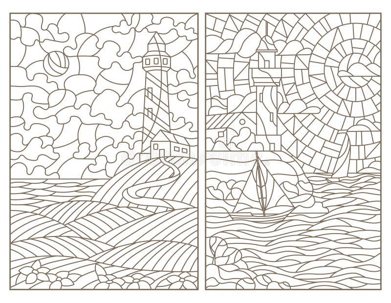 Obrysowywa set z ilustracjami seascapes, latarnie morskie i statki witrażu