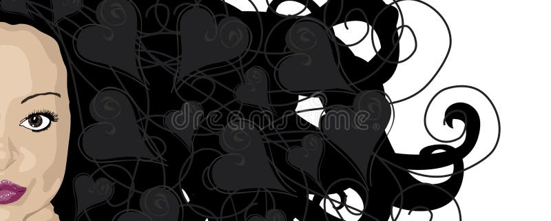 Illustration banner of woman with dark hair and heart highlights. Illustration banner of woman with dark hair and heart highlights