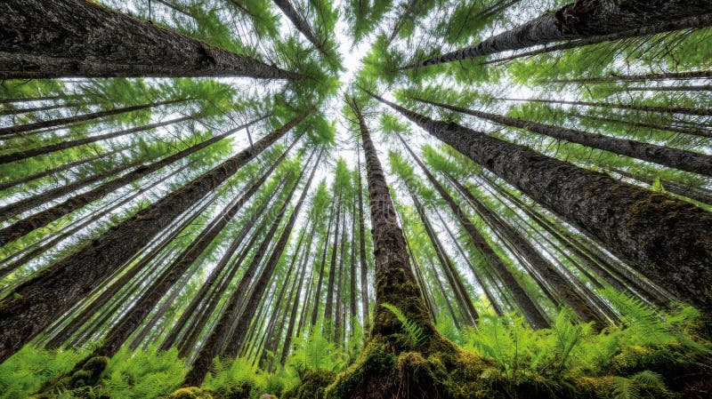 Observando para cima através da copa de uma floresta de coníferas alta ilustração do vetor