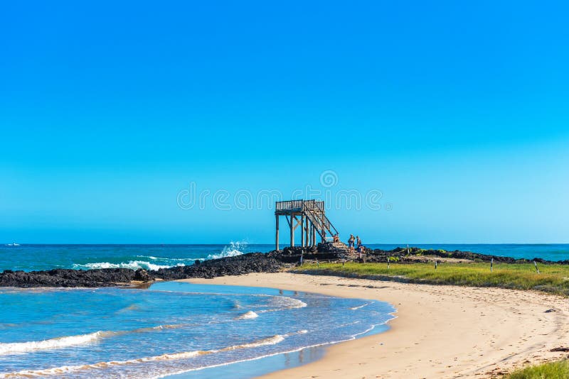 Observation tower on a sandy beach, Galapagos Island, Isla Isabela. Copy space for text