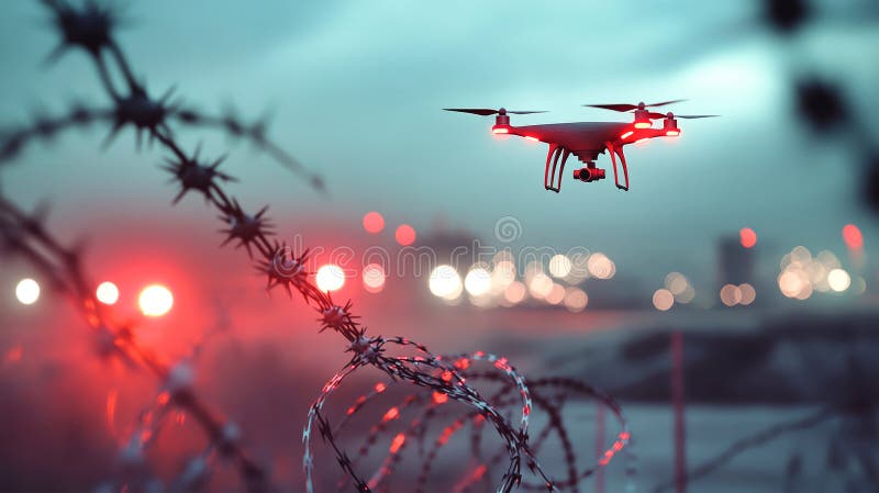 Obserwacja dronów przez drut kolczasty w bezpiecznym miejscu granicznym z lampkami policyjnymi migającymi w tle podczas zmierzchu ilustracja wektor