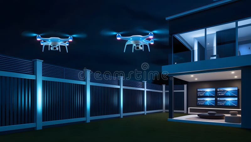 Obserwacja dronów w dzielnicach mieszkalnych w technologii nocnej nowoczesny dom widok na powietrze na zewnątrz świadomość bezpiec ilustracja wektor