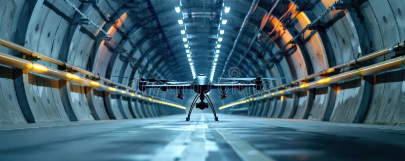 Obserwacja dronów w tunelu high-tech prezentującym zaawansowane technologie bezpieczeństwa i nowoczesną infrastrukturę ilustracja wektor