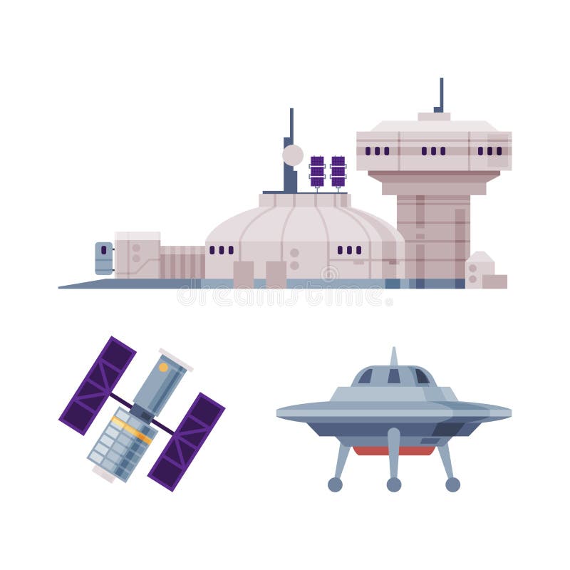 Obserwatorium budowane przez sztuczny satelitę kosmiczny i statek kosmiczny ufo. ilustracja wektora eksploracji kosmosu ilustracji