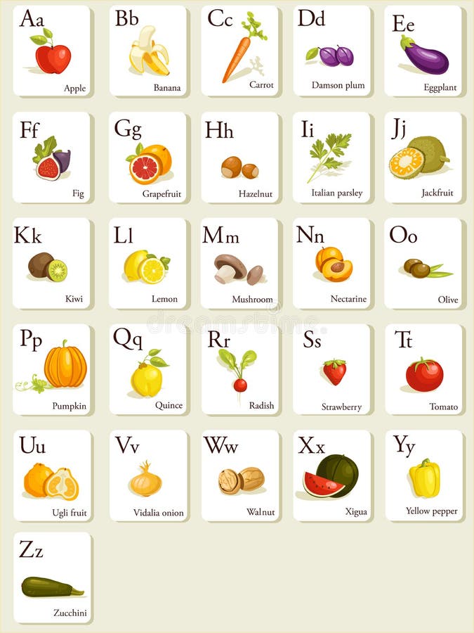 Obst- und Gemüse Alphabetkarten lizenzfreie abbildung Obst- und Gemüse Alphabetkarten lizenzfreie abbildung