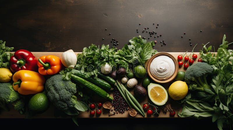 Obst und Kräuter aus frischem Gemüse, die nacheinander auf einem Holztisch mit Jogurt in der Mitte angeordnet sind stock abbildung