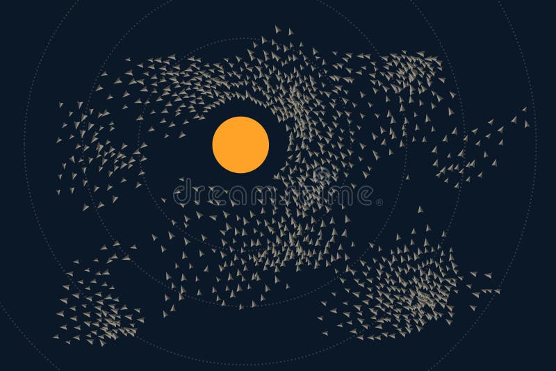Obstacle avoidance behaviour. Crowd behaviour. Flocking boids simulation. Artificial life model. Swarm formation. Group of boids. stock illustration