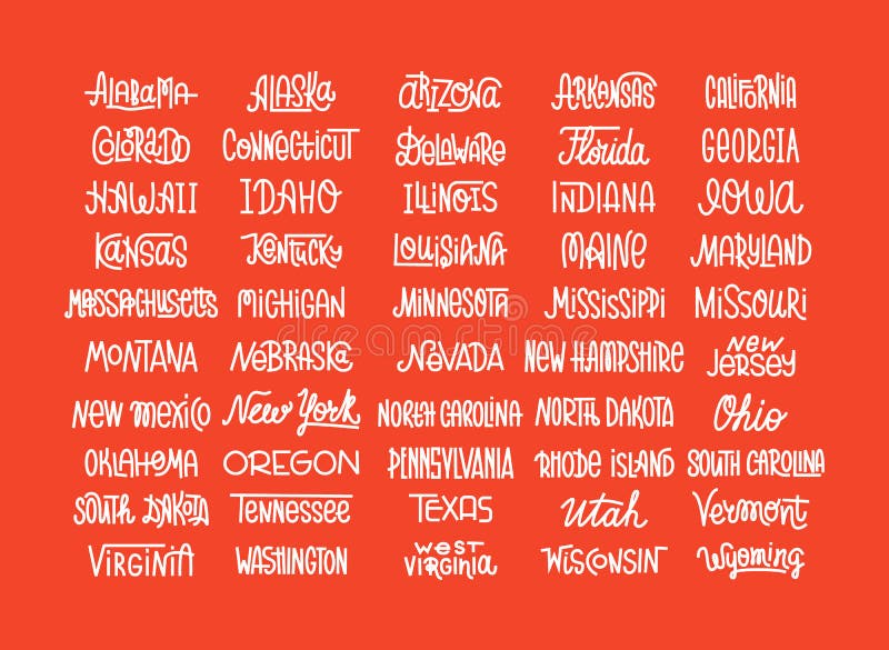 Custom lettering of the names of the American states, USA typography. Custom lettering of the names of the American states, USA typography