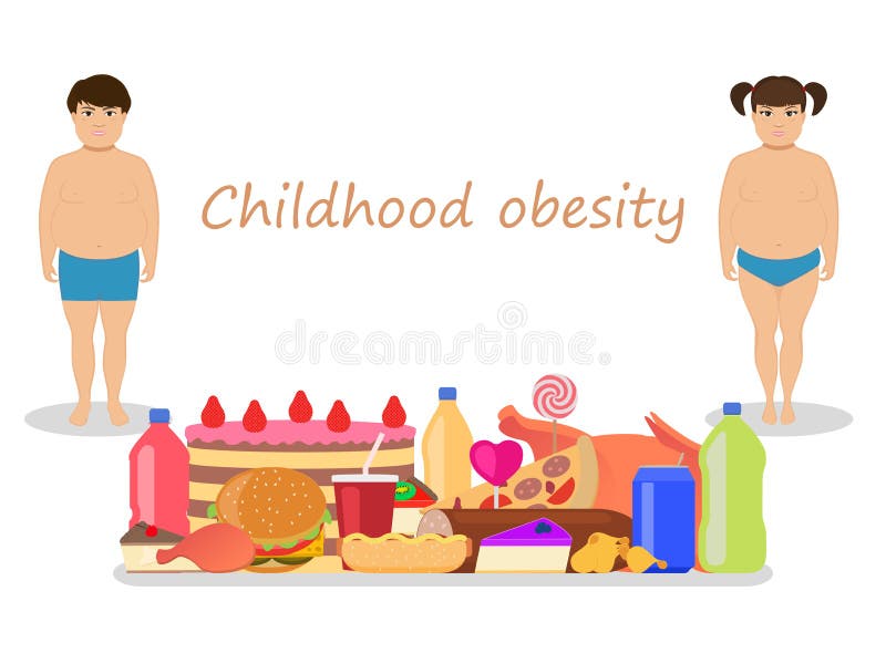 Vector illustration of cartoon fat kids with harmful fatty food. Concept of childhood obesity. Children unhealthy nutrition. Flat style. Little boy and girl obese. Babies and junk food. Vector illustration of cartoon fat kids with harmful fatty food. Concept of childhood obesity. Children unhealthy nutrition. Flat style. Little boy and girl obese. Babies and junk food.