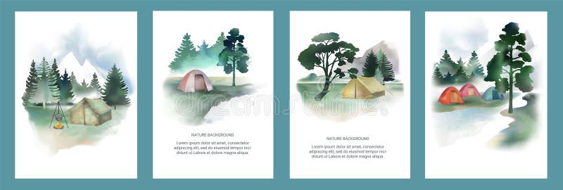 Obóz Watercolor. Rysowanie krajobrazu przyrodniczego. Las górski. namiot kempingowy i ognisko. Ulotka podróżnicza. Przygoda pozyty ilustracja wektor