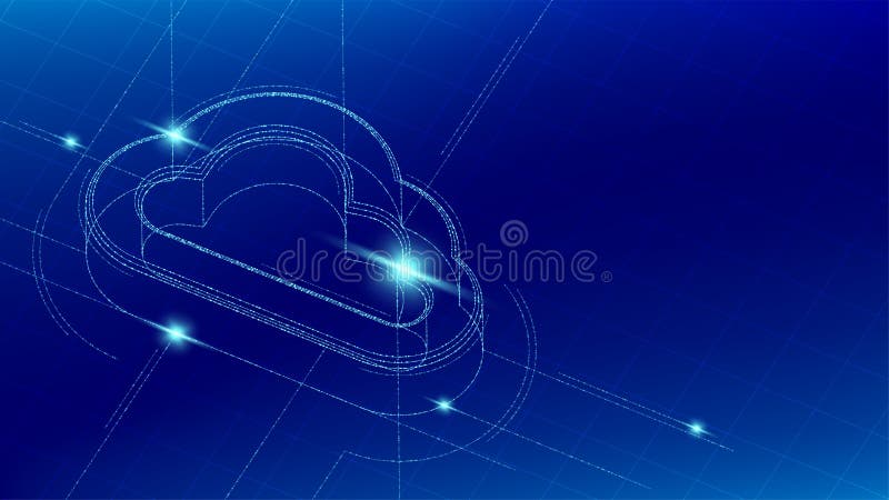 Obłocznego symbolu symbolu cząsteczki linii oświetlenia wzoru isometric wireframe futurystyczny, technologia online magazynu poję royalty ilustracja