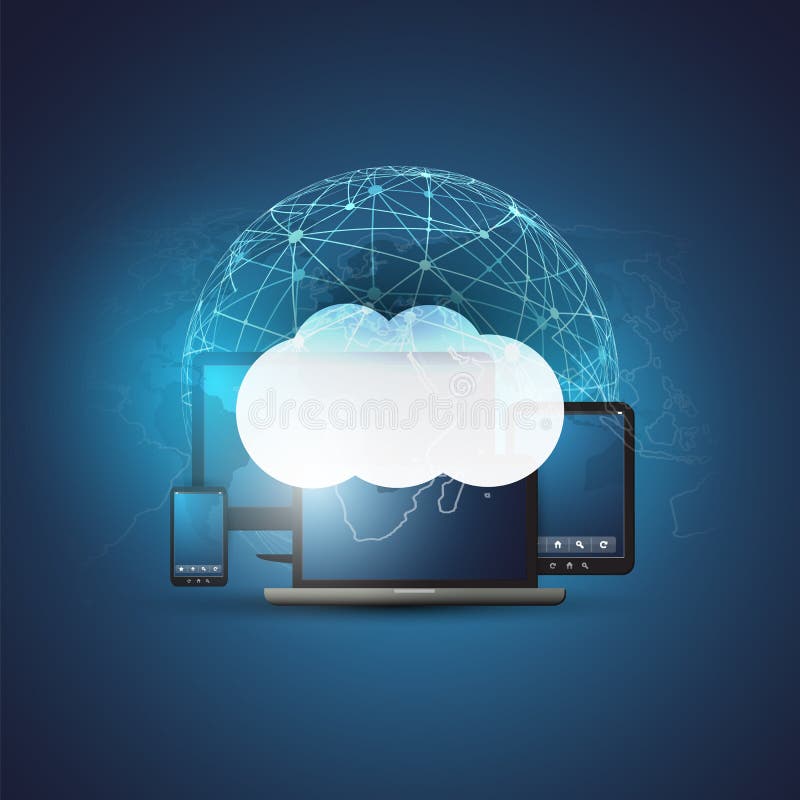 Obłoczny Oblicza projekta pojęcie z Mobilnymi urządzeniami elektronicznymi i kulą ziemską - Cyfrowej sieci związki, technologii t royalty ilustracja