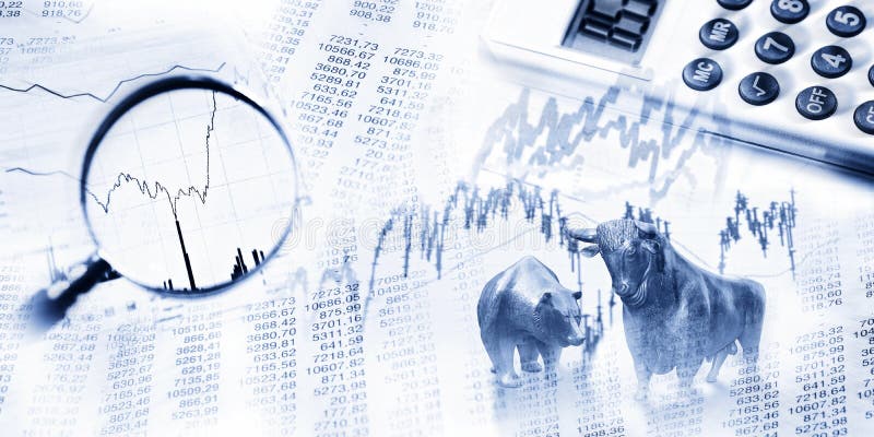 Stock quotes as list and graph, bull and bear, maginifier and calculator. Stock quotes as list and graph, bull and bear, maginifier and calculator