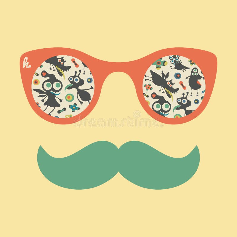 Occhiali da sole d'annata dei pantaloni a vita bassa con i mostri felici variopinti royalty illustrazione gratis Occhiali da sole d'annata dei pantaloni a vita bassa con i mostri felici variopinti royalty illustrazione gratis