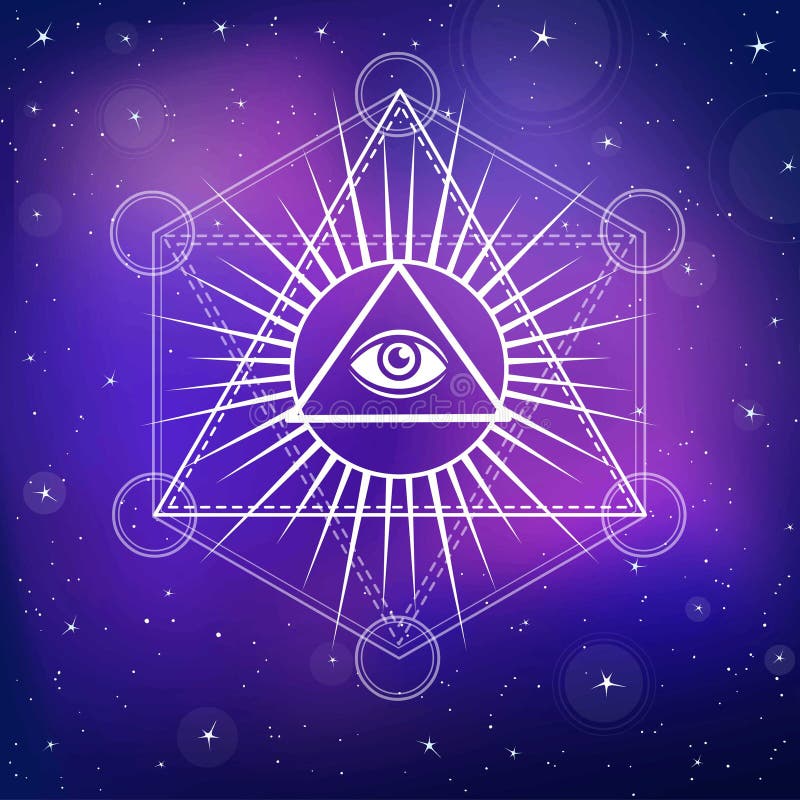 Eye of Providence. All seeing eye inside triangle pyramid. Esoteric symbol, sacred geometry. Background - the night star sky. Vector illustration. Print, posters, t-shirt, card. Eye of Providence. All seeing eye inside triangle pyramid. Esoteric symbol, sacred geometry. Background - the night star sky. Vector illustration. Print, posters, t-shirt, card.