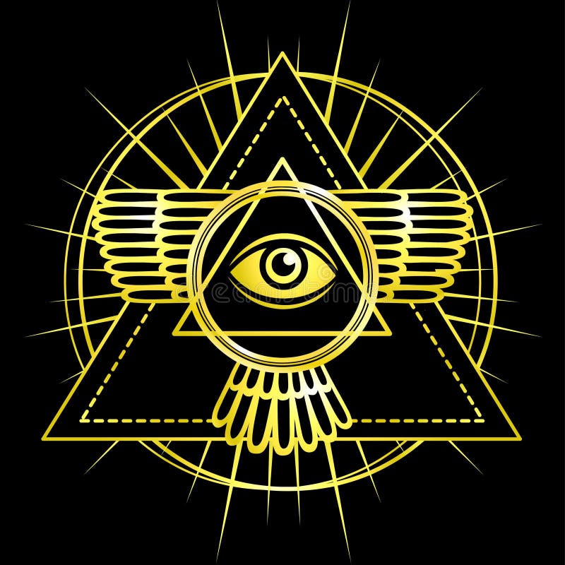 Eye of Providence. All seeing eye inside triangle pyramid. Esoteric symbol, sacred geometry. Gold imitation. Vector illustration on a black background. Eye of Providence. All seeing eye inside triangle pyramid. Esoteric symbol, sacred geometry. Gold imitation. Vector illustration on a black background.