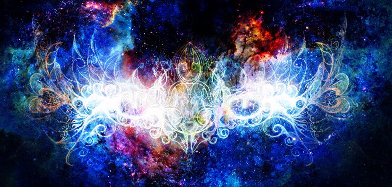 Occhio mistico e bello ornamentale nello spazio cosmico Tiraggio della mano e collage originali del computer illustrazione di stock Occhio mistico e bello ornamentale nello spazio cosmico Tiraggio della mano e collage originali del computer illustrazione di stock