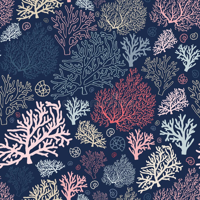 Oceaanwereld naadloos patroon met koralen en shells vector illustratie Oceaanwereld naadloos patroon met koralen en shells vector illustratie