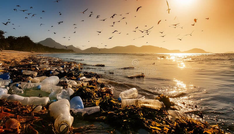 Ocean affected by massive plastic pollution vector illustration