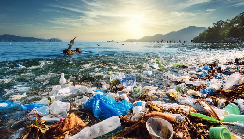 Ocean affected by massive plastic pollution vector illustration