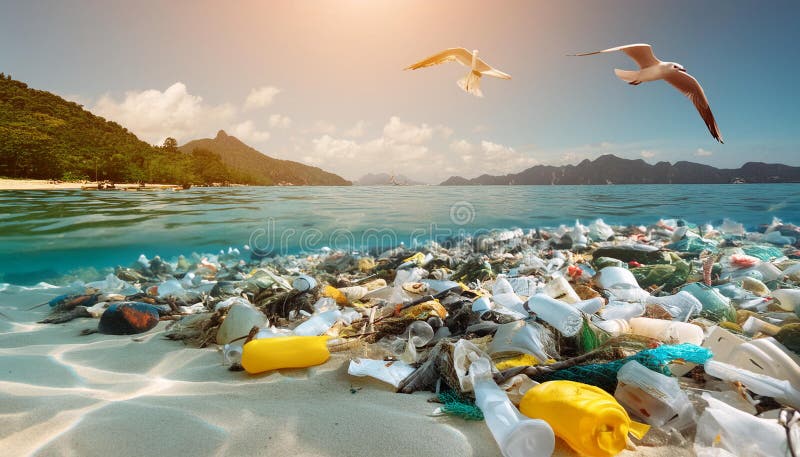 Ocean affected by massive plastic pollution vector illustration