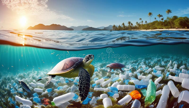 Ocean affected by massive plastic pollution stock illustration