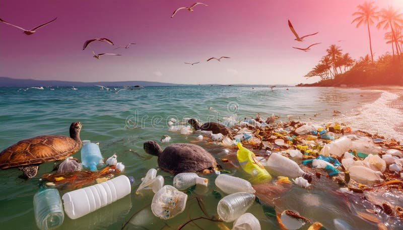 Ocean affected by massive plastic pollution vector illustration