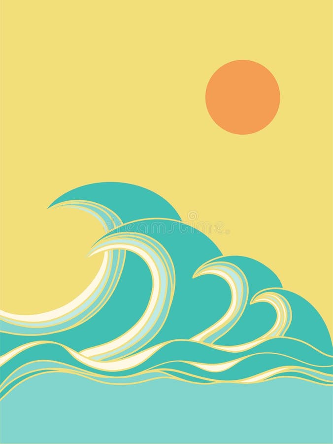 Ocean big waves poster with sunshine abstract background. Sea art landscape illustration.