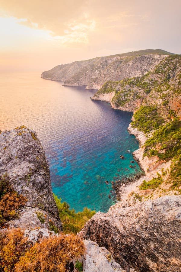 Ocean coastline landscape view at sunset, Zakynthos island