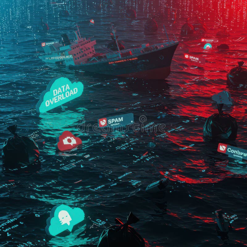 An ocean of digital garbage, overflowing with data fragments and an endless stream of information stock photo