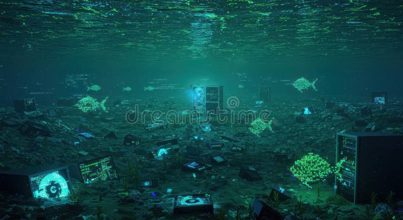 An ocean of digital garbage, overflowing with data fragments and an endless stream of information royalty free stock images