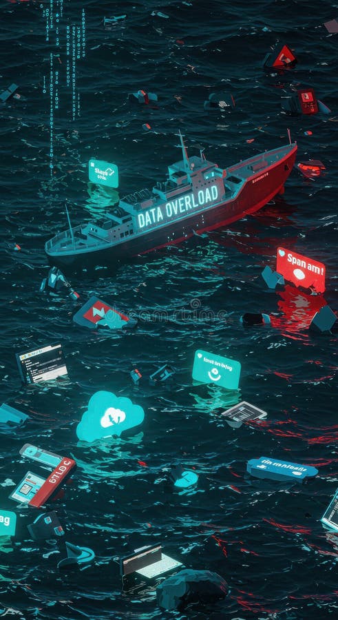 An ocean of digital garbage, overflowing with data fragments and an endless stream of information royalty free stock images