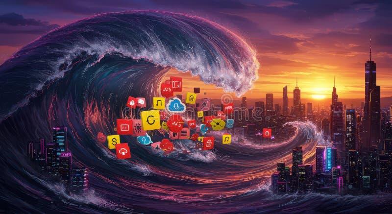 An ocean of digital garbage, overflowing with data fragments and an endless stream of information royalty free stock photos