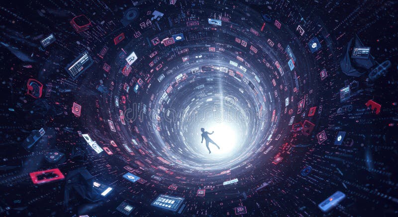 An ocean of digital garbage, overflowing with data fragments and an endless stream of information stock photography
