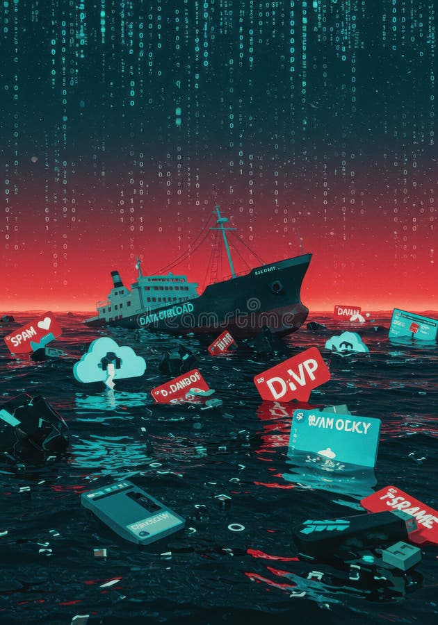 An ocean of digital garbage, overflowing with data fragments and an endless stream of information stock image