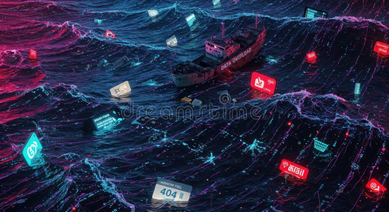 An ocean of digital garbage, overflowing with data fragments and an endless stream of information royalty free stock images