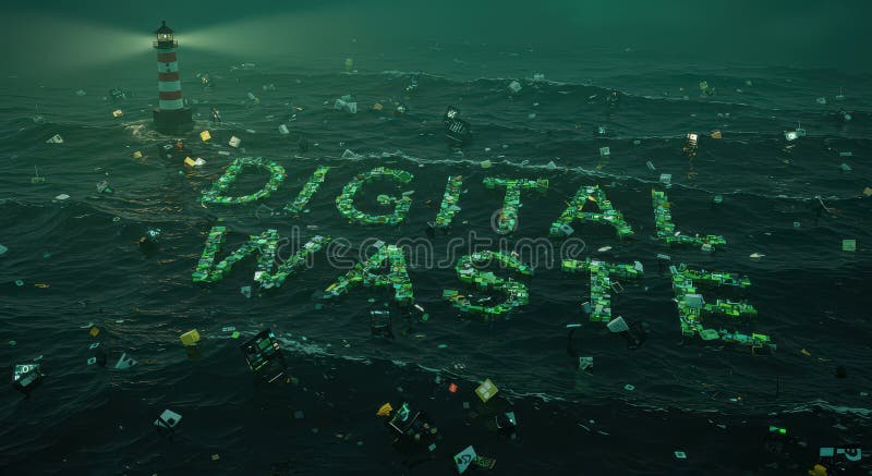 An ocean of digital garbage, overflowing with data fragments and an endless stream of information stock photo