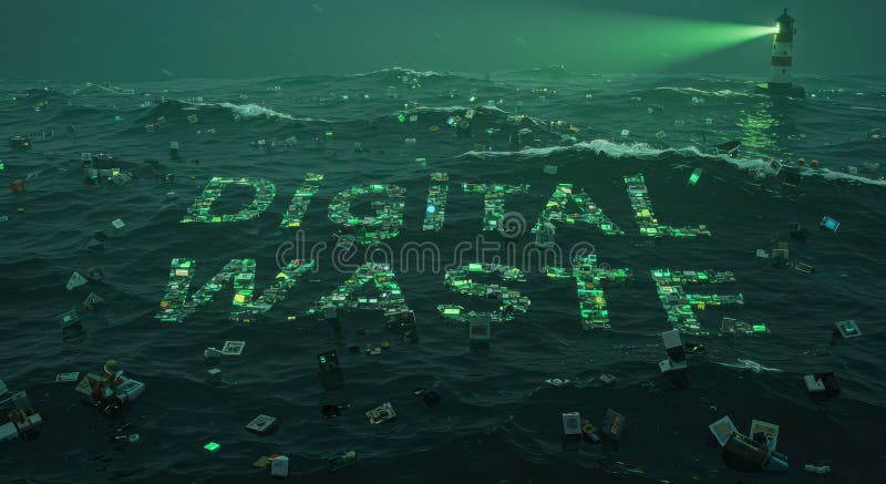 An ocean of digital garbage, overflowing with data fragments and an endless stream of information stock images