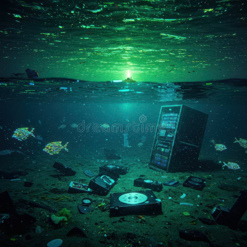 An ocean of digital garbage, overflowing with data fragments and an endless stream of information royalty free stock image