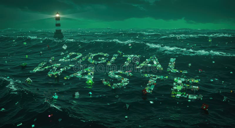 An ocean of digital garbage, overflowing with data fragments and an endless stream of information stock images