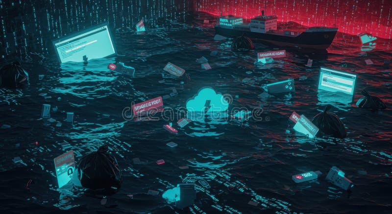 An ocean of digital garbage, overflowing with data fragments and an endless stream of information stock photo